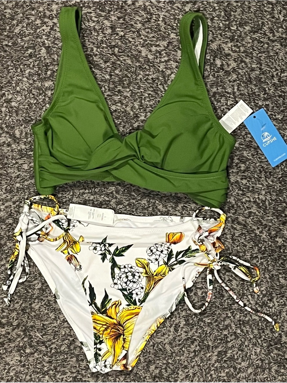 Cupshe Olive Green Bikini Top w/ White Yellow Floral Tie-Side Bottoms NWT size S